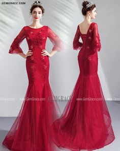 Fitted Evening Dress With 3/4 Sleeves For Prom, Red Mermaid Hem Evening Dress For Banquet, Fitted Gown With 3/4 Sleeve For Party, Fitted Long Sleeve Evening Dress For Ceremony, Red Mermaid Dress With Mermaid Hem For Banquet, Red Long Sleeve Mermaid Dress For Wedding, Red Mermaid Hem Gown For Banquet, Fitted Red Mermaid Dress For Weddings, Red Fishtail Mermaid Dress For Wedding