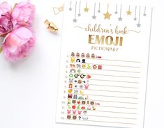 a printable children's book emou dictionary with pink flowers and gold foil