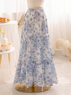 Women's Romantic Summer Vacation Countryside Blue & White Floral Printed Elastic Waist Ruffled Multi-Layer Cake Patchwork Loose A-Line Graduation Skirt, Perfect For Romantic Weddings Blue and White Boho   Woven Fabric Floral,Plants,All Over Print Layered/Tiered Non-Stretch  Women Clothing, size features are:Bust: ,Length: ,Sleeve Length: Blue Floral Skirt Outfit, Blue Skirt Outfits, Printed Skirt Outfit, Floral Skirt Outfits, Vacation Skirts, Layered Ruffle Skirt, Long Skirt Summer, Blue Floral Skirt, Romantic Floral Print