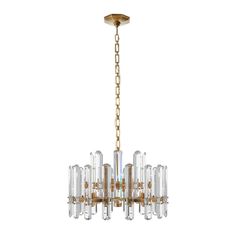 a chandelier with clear glass beads hanging from a brass finish chain on an isolated white background