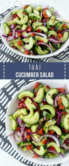 cucumber salad with red onions and green peppers in a white bowl on a black and white tablecloth