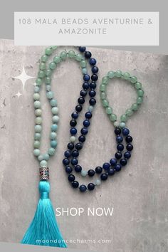 108 Mala Beads Amazonite & aventurine. Malas and meditation go hand in hand. This gorgeous Mala is meaningful and intentionally created to empower you, on your meditations. Get inspired by the meaning of the mala beads and check out our mala necklace collection. Moon Dance Charms offers a great variety of Japa mala 108 beads and 27. Our Malas are handcrafted and hand knotted using natural stones. Check out our website>> Holistic Jade Jewelry For Meditation, Bohemian Lapis Lazuli Crystal Necklace For Healing, Spiritual Jade Jewelry With 108 Beads, Lapis Lazuli Gemstone Beads Crystal Necklace, Jade Gemstone Beads Jewelry For Meditation, Lapis Lazuli Crystal Necklace With Gemstone Beads, Blue Bohemian Beaded Bracelets For Meditation, Bohemian Blue Beaded Bracelets For Meditation, Agate Beaded Bracelets With 108 Beads For Meditation