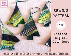 several pieces of fabric hanging from strings on a pink background with the text sewing pattern instant digital