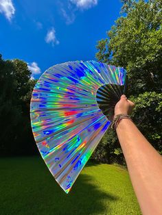 a hand holding a colorful fan on top of a lush green field