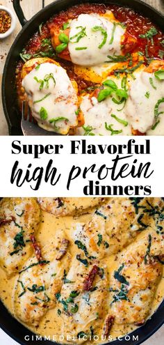 two images with the words super flavored high protein dinners