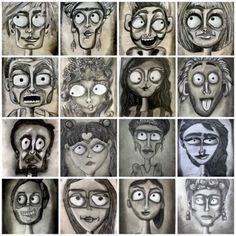 many different faces drawn in pencil and colored with the same image as it appears to be