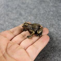 a small frog sitting on top of someone's hand next to a gray surface