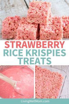 strawberry rice krispies treats with text overlay that reads, strawberry rice krispies treats