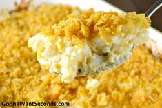 a spoonful of mashed potato casserole on a white plate with crumbs