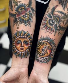 two sun and moon tattoos on both arms