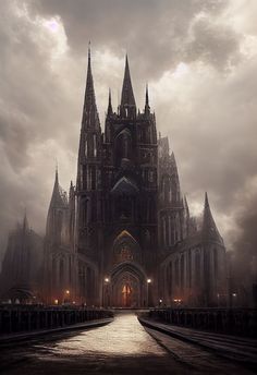 an old gothic cathedral lit up by street lights on a gloomy day with dark clouds in the background