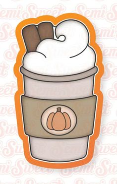 an orange and white sticker with a cup of coffee in the shape of a pumpkin