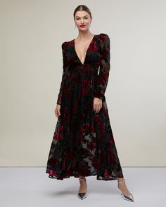 Puff Sleeve Burnout Velvet Dress – Rachel Parcell, Inc. Floral Velvet Dress, Burnout Velvet Dress, Lover Dress, Rose Maxi Dress, Roses Black, Rachel Parcell, Burnout Velvet, Long Sleeve Dress Formal, Necklines For Dresses