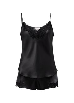 "Find CHRISTINE LINGERIE Bijoux Short Lace-trim Silk Pajama Set on Editorialist. Christine Lingerie \"Bijoux\" pajama set with scalloped lace trim along the neckline Scoop neckline Sleeveless; adjustable shoulder straps Includes matching lounge shorts Relaxed silhouette Straight hem Silk; nylon/cotton/elastic trim Made in Canada" Peter Alexander Pajamas Silk Black, Designer Pjs, Elegant Black Night Sets, Elegant Black Sets For Night, Silk Nightwear Romantic, Black Silk Pajamas, Silk Pajamas Shorts, Silk Nightwear, Silk Chemise