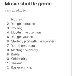 the music shuffle game is shown in white and has black lettering on it, along with an