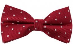 Red Pre-Tied Silk Bow Tie With White Dots Hook And Eye, Red, White