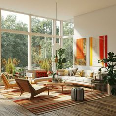 a living room filled with lots of furniture and large windows overlooking the trees in the distance