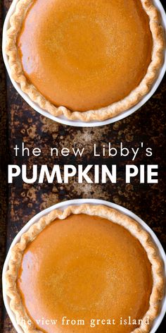 two pies sitting on top of each other in front of the words, the new library's pumpkin pie