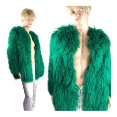 Crazy Rock and Roll Unisex Bright Green Shaggy Mongolian Lamb Fur Coat  Unisex fits a: Woman size 10-14   Men's size  38-40   Chest- 39" Sleeve length: 34"  Shoulder to hem Length is 32" Brand - No Brand Tag The Fur is Artistically layered to drape over the shoulder at longer lengths, and repeated down the sleeve.   The fur is plush long and soft.  The coat has been stored properly to preserve the fur.  This coat was owned by a Man.  I purchased this from A 2x Oscar Nominated Hollywood Costume D Rock Style Winter Outerwear For Parties, Rock Style Winter Party Outerwear, Mongolian Lamb Fur Coat, Long Shaggy, Mongolian Lamb, Hollywood Costume, Hip Hop Rap, Brand Tags, Bright Green