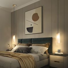 a bedroom with a bed, nightstands and painting on the wall above it's headboard