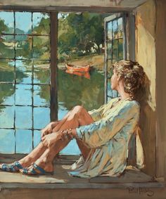 a painting of a woman sitting on a window sill looking out at the water