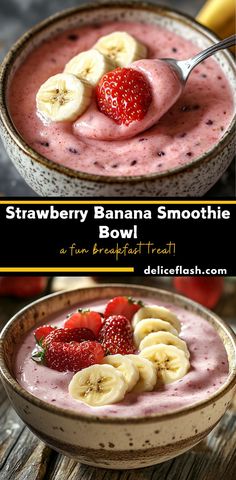 a bowl filled with bananas and strawberries on top of a wooden table next to another bowl