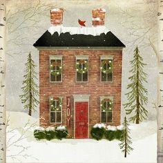 a painting of a brick house with christmas decorations on the roof and trees around it