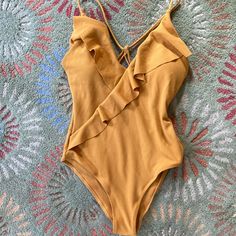 Nwt Beautiful Cupshe Comfy Swimsuit. Xl With Padded Bra, Low Cut Ruffles At Neckline & Diagonal Across Stomach. High Cut Sides. Laying Flat; Hip To Hip From Back 15.6” Back To Crotch 16” Waist 12” Gold Stretch Bodysuit For Summer, Yellow Lined Bodysuit For Vacation, Party Swimwear With Lined Body In Yellow, Chic Yellow Beach Bodysuit, Chic Yellow Bodysuit For Beach, Yellow Lined Bodysuit For Beach Season, Chic Yellow Bodysuit For The Beach, Yellow Poolside Bodysuit With Lined Body, Yellow Bodysuit With Lined Body For Poolside