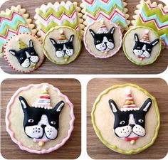 four different pictures of decorated cookies with dogs on them, one has a birthday hat and the other has a dog wearing a party hat