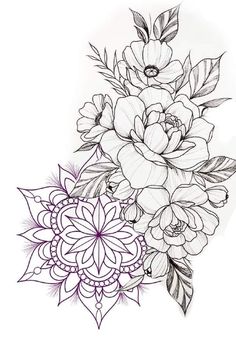 a drawing of flowers with leaves on the top and bottom half of it, in black and white