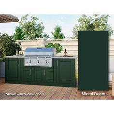 an outdoor kitchen with green cabinets and grill