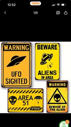 various warning signs displayed on an iphone screen with the caption beware of aliens in area 51