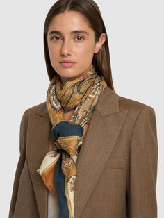 Height: 140cm Width: 45cm. Fringed trim. Placed print Classic Multicolor Silk Scarf For Formal Occasions, Elegant Brown Silk Scarf For Spring, Classic Multicolor Silk Scarf, Multicolor Luxury Silk Scarf For Formal Occasions, Luxury Multicolor Silk Scarf For Formal Occasions, Luxury Multicolor Silk Scarf For Formal Events, Elegant Multicolor Silk Scarf For Winter, Classic Silk Scarf For Spring Formal Events, Classic Formal Silk Scarf For Spring