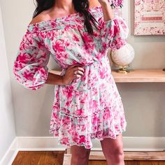 Brand New Size S Mint Green And Pink Floral Offshoulder Dress Lined Underneath Perfect Vacation Dress Or Brunch Dress Summer Pink Off-shoulder Mini Dress, Pink Flowy Off-shoulder Mini Dress, Pink Off-shoulder Dress For Day Out, Pink Off-shoulder Beach Dress, Pink Off-shoulder Floral Print Dress, Pink Off-shoulder Floral Dress, Feminine Pink Off Shoulder Dress For Summer, Feminine Pink Off-shoulder Summer Dress, Feminine Pink Off Shoulder Summer Dress