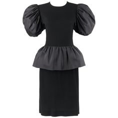 BILL BLASS c.1980's Black Crepe Dramatic Puff Sleeve Peplum Skirt Party Dress | From a unique collection of rare vintage Evening Dresses and Gowns at https://www.1stdibs.com/fashion/clothing/evening-dresses/. Fitted Puffy Evening Dresses, Retro Party Dresses With Puff Sleeves, Retro Puff Sleeve Party Dress, Luxury Black Dresses With Button Cuffs, Elegant Black Peplum Dress, Luxury Black Puff Sleeve Dress, Elegant Luxury Peplum Dress, Black Lace Halter Dress, Vintage Black Collared Dress