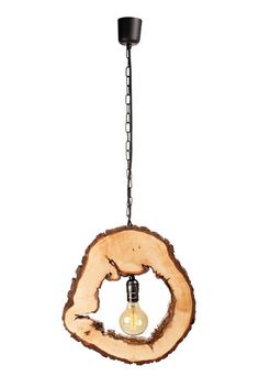 a light bulb hanging from a chain on a wooden object that looks like a piece of wood