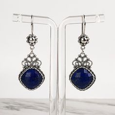 Handmade Artisan Crafted Filigree 925 Sterling Silver Earrings with Genuine Blue Lapis Lazuli Gemstones Material: 925 Solid Sterling Silver Genuine Natural Untreated Blue Lapis Lazuli Gemstones, 12 mm x 12 mm, Square, Faceted Earrings Length: 1.90 inches, Width: 0.65 inches Finishing: Oxidized and Polished Comes with a gift pouch and box Free Domestic Shipping Elegant Sapphire Jewelry Stamped 925, Blue Sterling Silver Earrings For Her, Blue Sterling Silver Earrings As Gift For Her, Nickel Free Blue Earrings As Gift For Her, Elegant Blue Earrings For Gift, Silver Lapis Lazuli Jewelry For Formal Occasions, Silver Lapis Lazuli Jewelry For Formal Events, Sapphire Sterling Silver Jewelry For Jewelry Making, Formal Lapis Lazuli Gemstone Jewelry