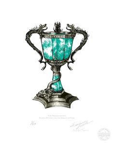 a drawing of a green vase with two dragon handles on the front and sides, sitting on top of an open book