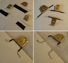 four pictures of different tools that are being used to make decorative wall hangings on the walls