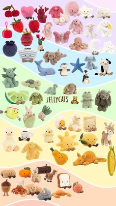 the poster shows different types of stuffed animals and their names on it's sides