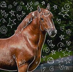 a brown horse standing on top of a lush green field covered in white doodles