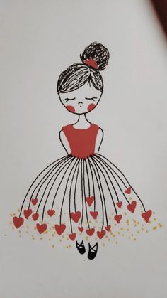 a drawing of a girl in a dress with hearts on it