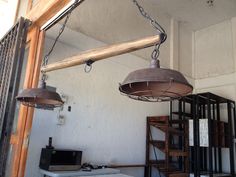 two lamps hanging from the ceiling above a table