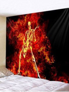 a fire skeleton wall hanging tapestry in a bedroom