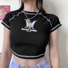 tee | fairypeony Styl Grunge, Clothes Shirt, Graphic Crop Top, Green Crop Top, Vintage Crop Tops, Butterfly Graphic, Cartoon Outfits, Cropped Tops, Print Crop Tops