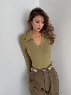 Sexy Deep V Long Sleeve T Bottoming Shirt Khaki Collared Tops For Winter, Khaki Collared Winter Tops, Stretch Khaki Long Sleeve Top, Khaki Fitted Long Sleeve Top, Fitted Khaki Tops For Fall, Western Clothes, Cute Lazy Day Outfits, Lazy Day Outfits, Rhinestone Dress