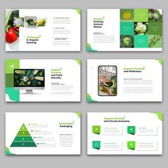 four different presentation slides with green and white designs on the front, back and side