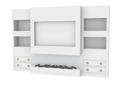 a white wall unit with two drawers and one shelf on each side, in front of a white background