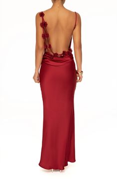 Open Back Evening Dress, Satin Dresses Open Back, Red Silk Backless Dress, Backless Dress Cocktail, Lower Back Dresses, Wedding Guest Backless Dress, Formal Maroon Dress, Low Back Red Dress, Satin Flower Dress