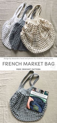 the french market bag free crochet pattern is shown in three different colors and sizes